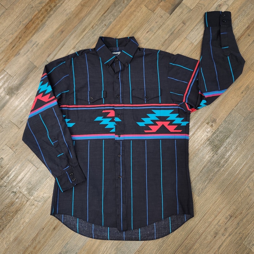 VTG Wrangler Aztec Button Front Western Shirt 16.5-34 Cowboy Cut‎ Regular Fit